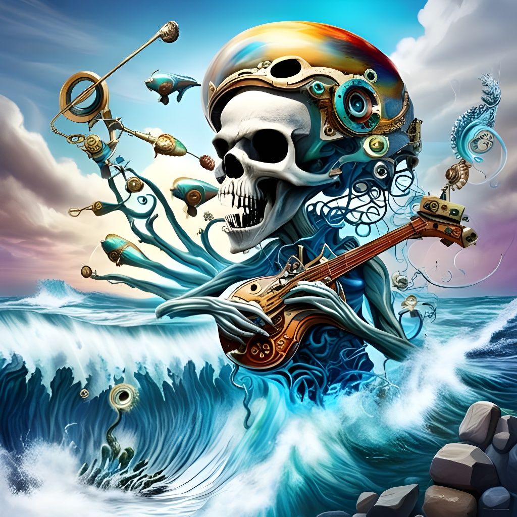 Steampunk Telepathic Alien Instrument Over Ocean Scene