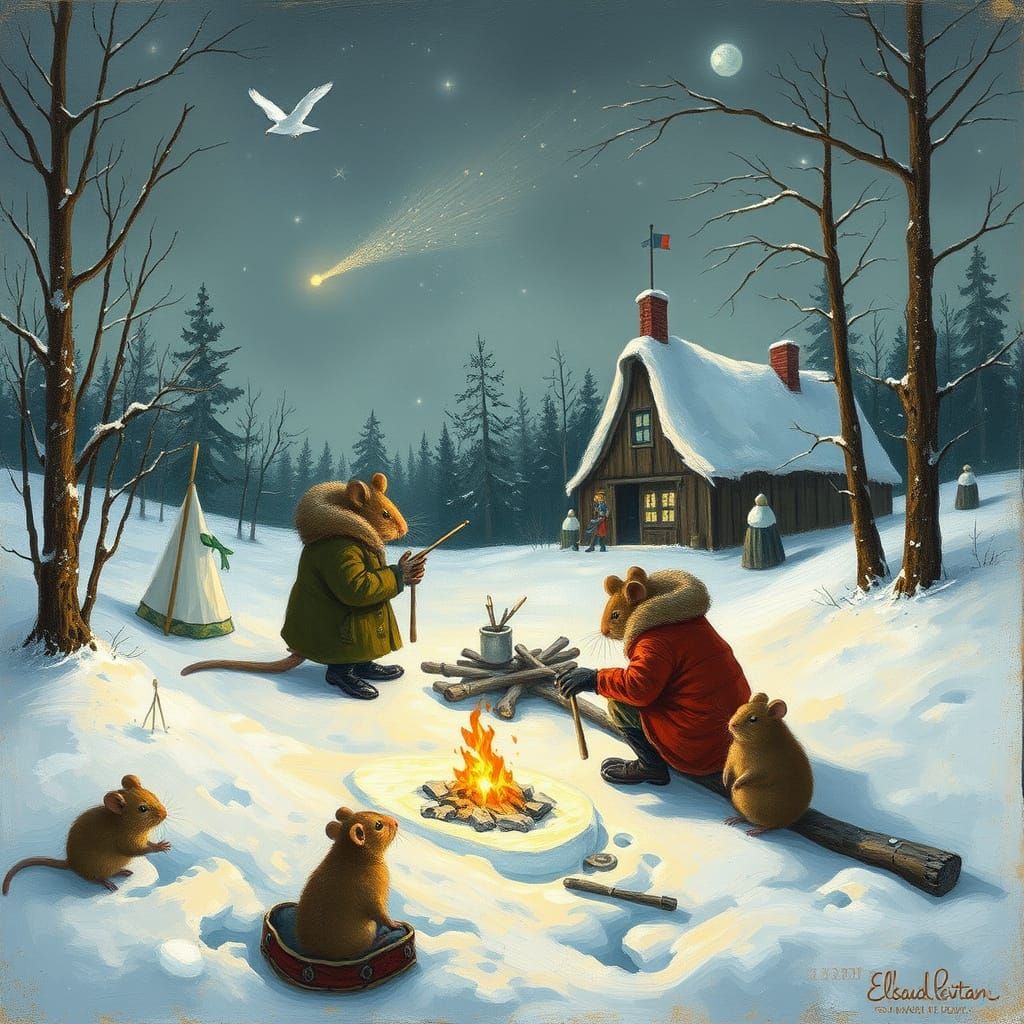 Mice in Winter Landscape with El Greco and Levitan Influence...