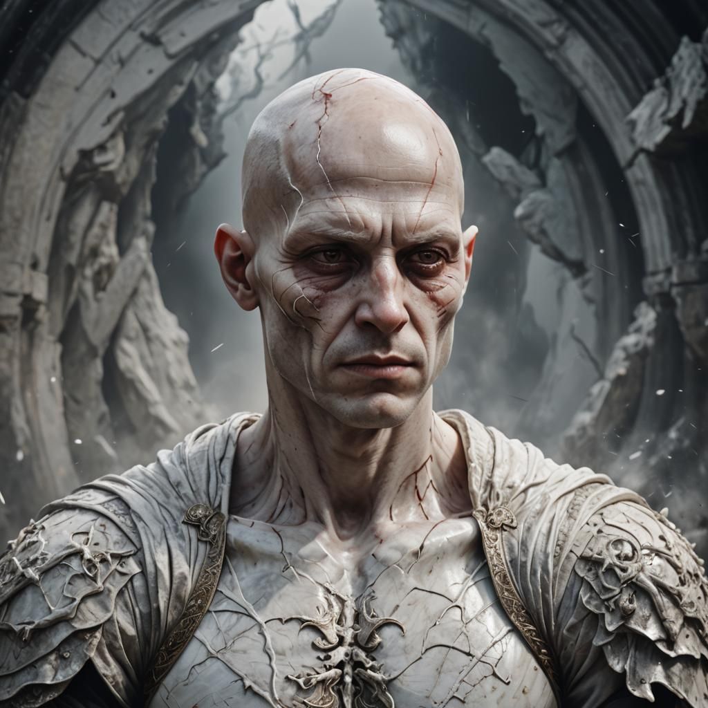 Hyperrealistic Marble Portrait: Deathly White Skin, Bald Man