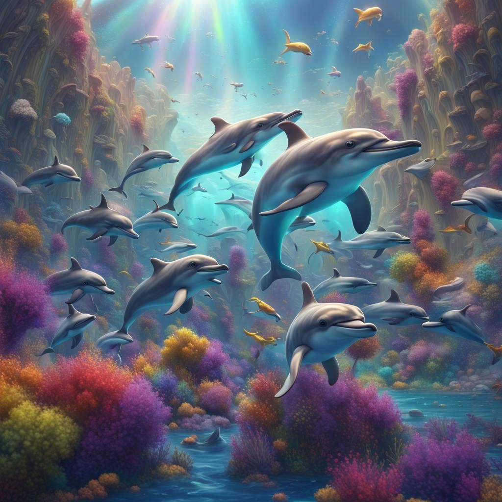 Rainbow Sea Dolphins: Detailed Matte Painting