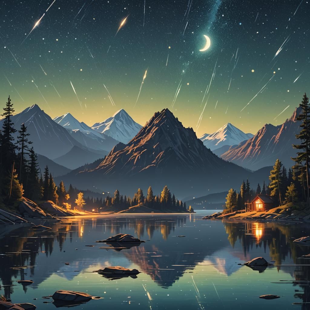 Mountain Lake Moonset: Shooting Stars in Digital Painting