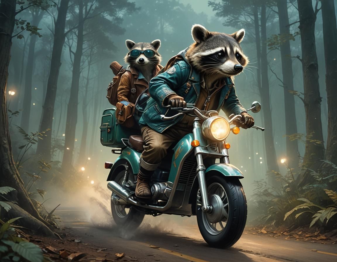 Raccoon Rides Scooter on Misty Path in Fantasy Art