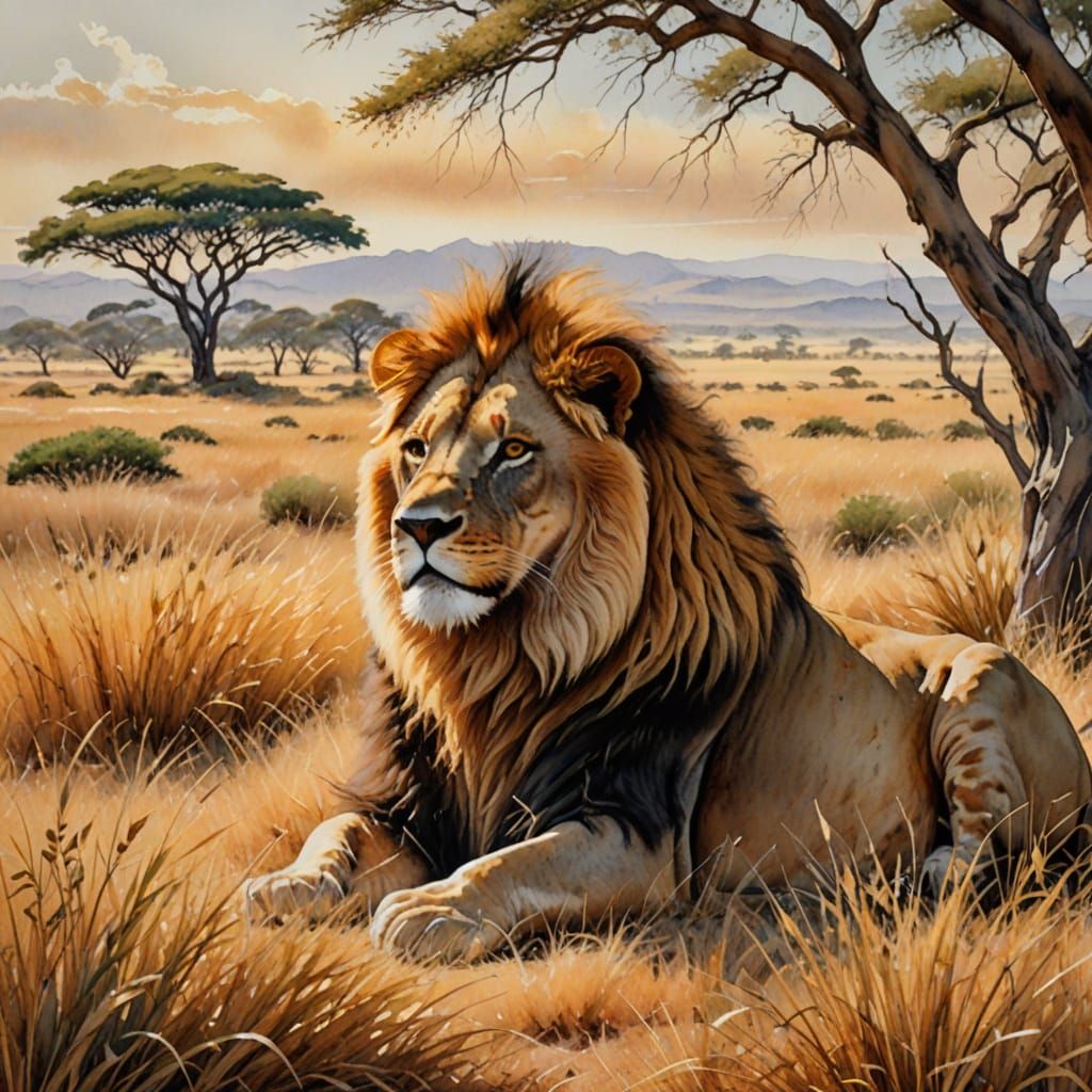 Majestic Lion Rests in Golden Savannah Watercolor