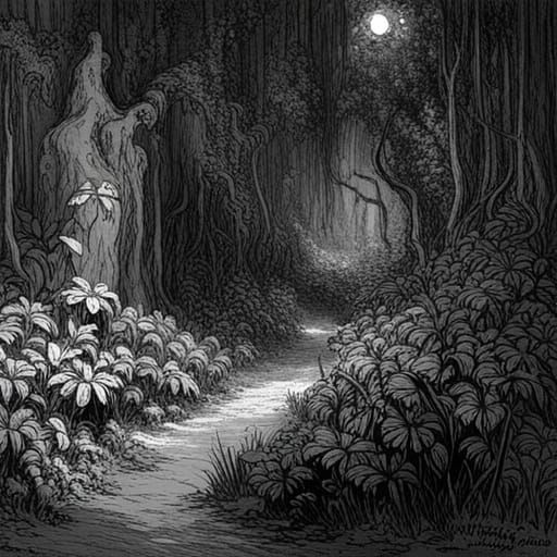 Overgrown Jungle with Flowers in Gothic Horror Style