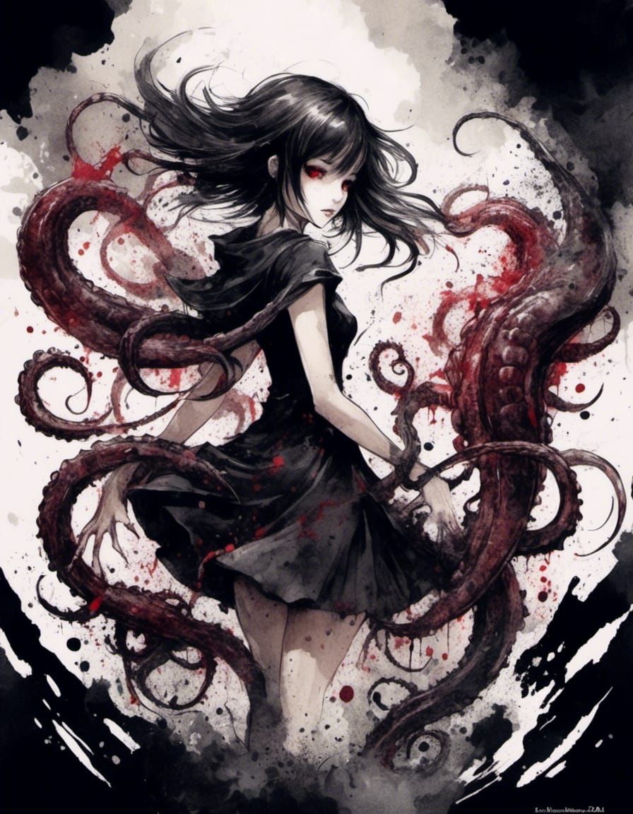 Anime Girl Attacked by Tentacles in Ink Splatter Art