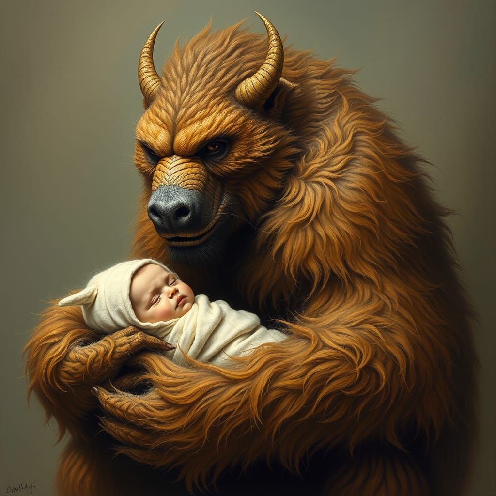 Gentle Furry Beast Cradling Infant in Earth Tones