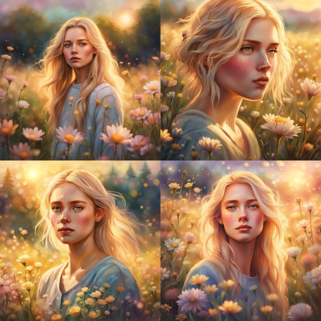 Dreamy Digital Painting of Woman in Pastel Meadow