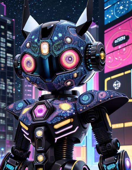 Colorful Cute Robot in Futuristic Cityscape
