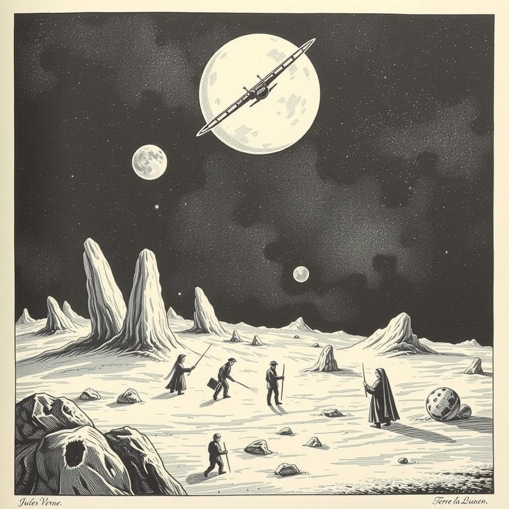 Illustration to the book De la Terre à la Lune by Jules Vern...