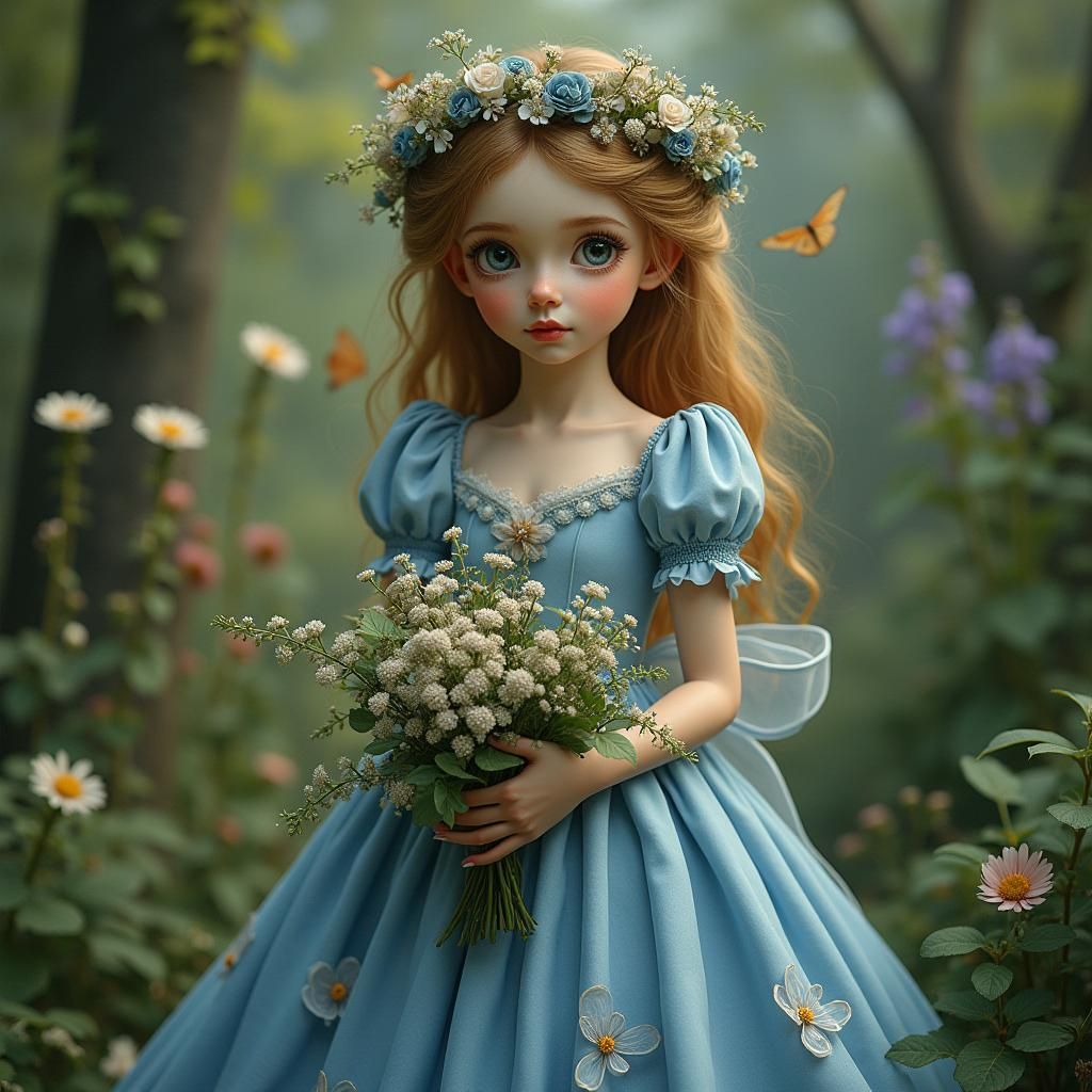 Butterfly Girl in Blue Dress, Watercolor Painting