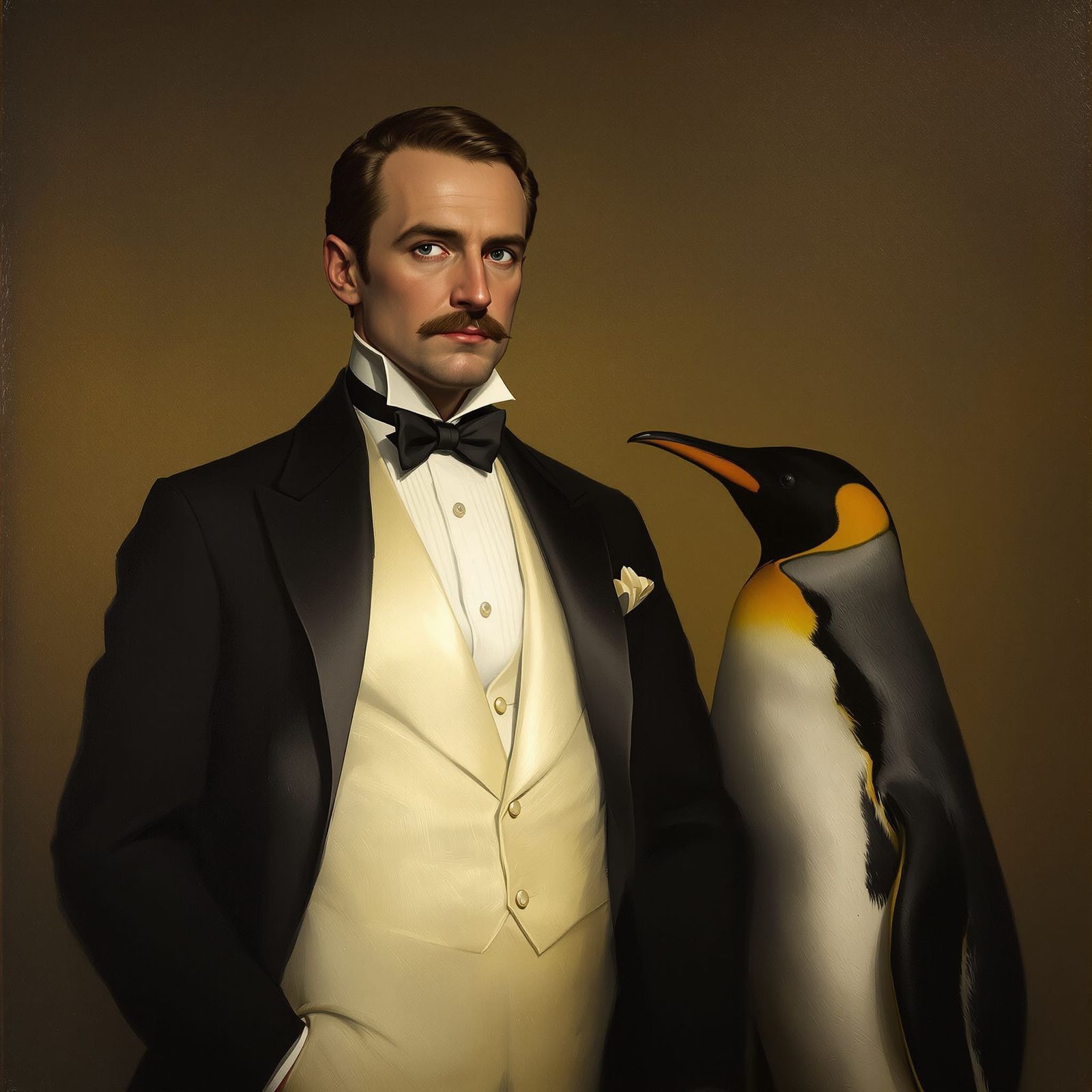 Distinguished Gentleman With Emperor Penguin in Oil Painting...