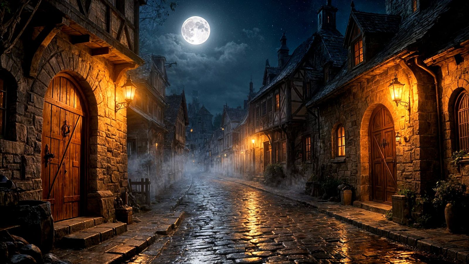 Medieval Street at Night with Stone Houses and Lamps