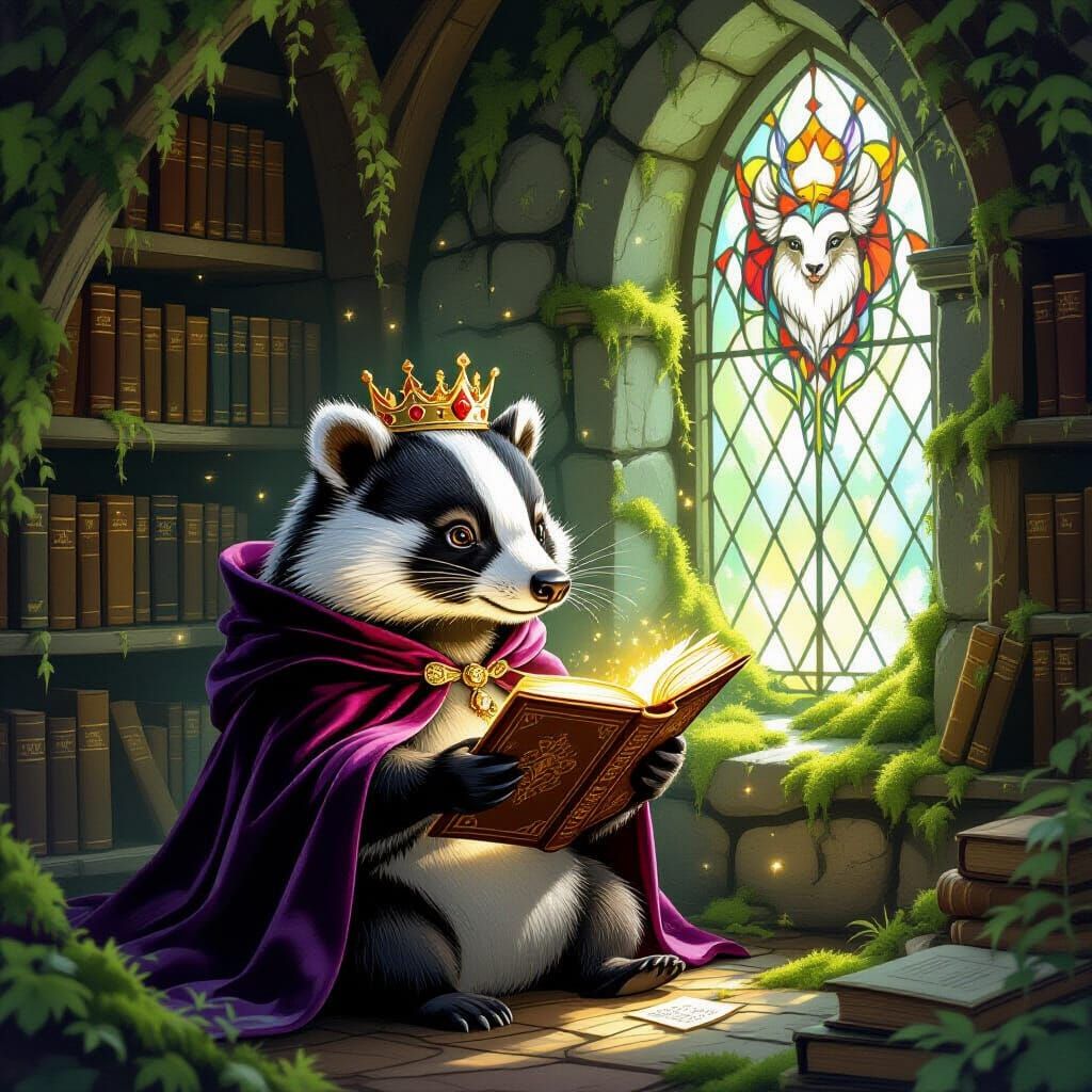 Anthropomorphic Badger Reads Ancient Tome in Hidden Library