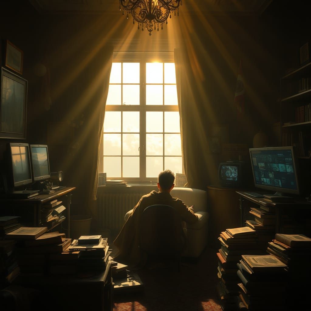 Reclusive Figure in Ethereal Study: Dreamlike Isolation