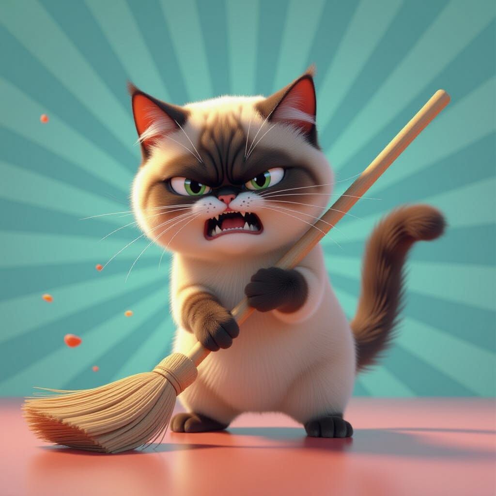 Furious Siamese Cat Wrestles Broom in 3D Pixar Style