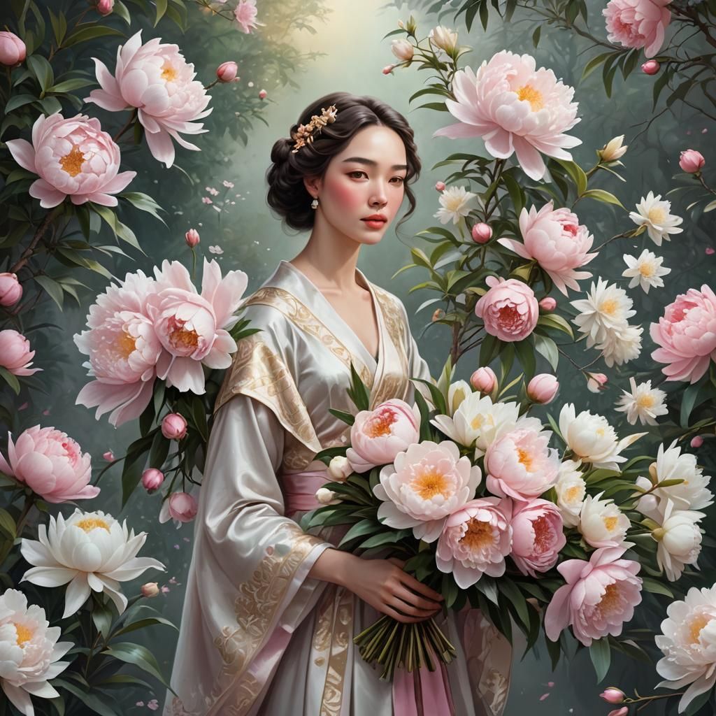 Woman Holding Bouquet in Detailed Matte Painting