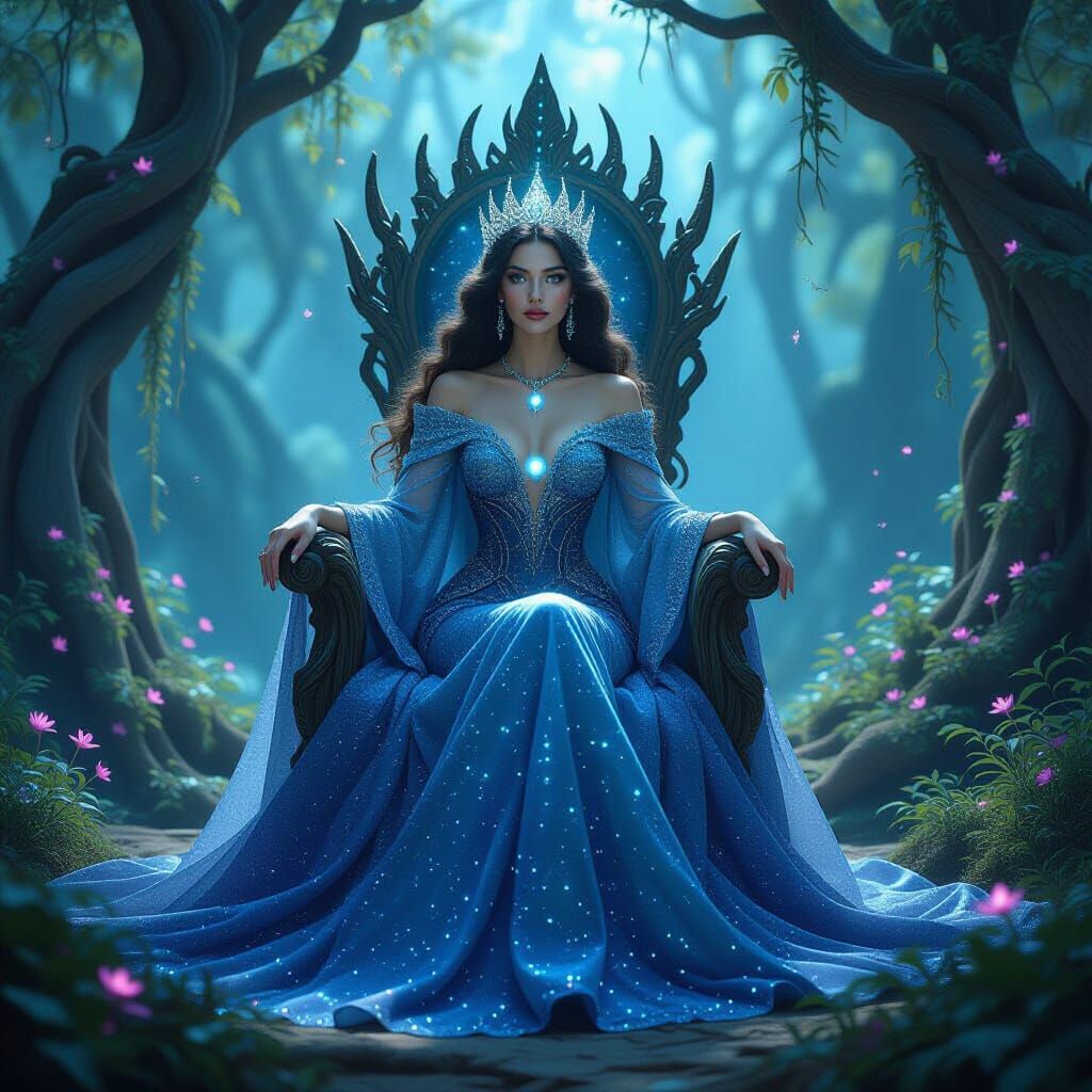 Queen on Starlight Throne with Nebula Gown