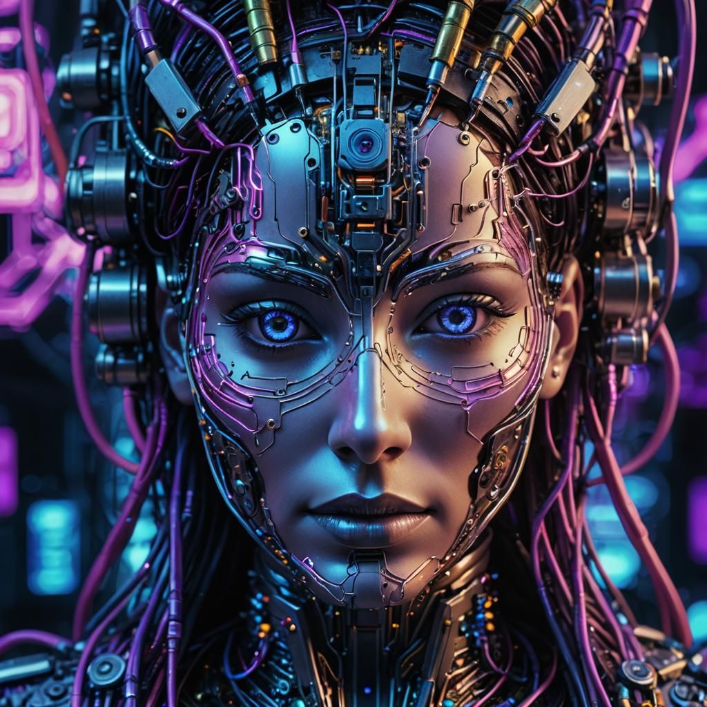 Cyberpunk digital sculpture. Close-up portrait. A serene cyb...