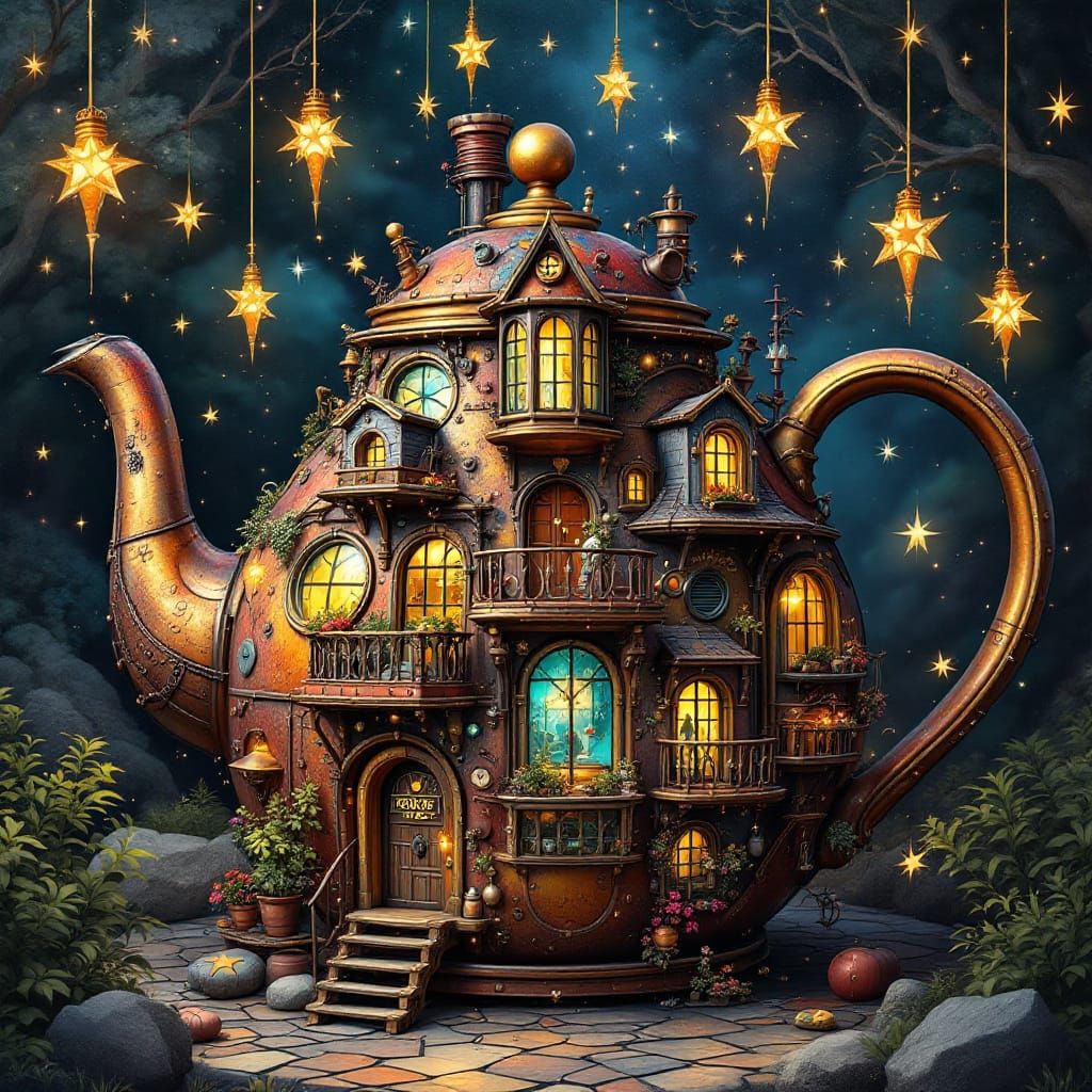 Steampunk Teapot Tea House in Surreal Style