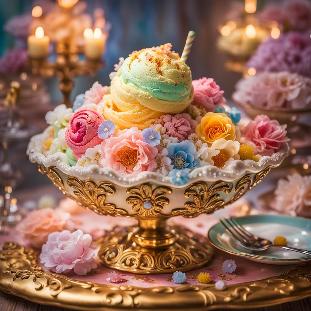 Rococo Ice Cream Sundae with Flowers and Dew