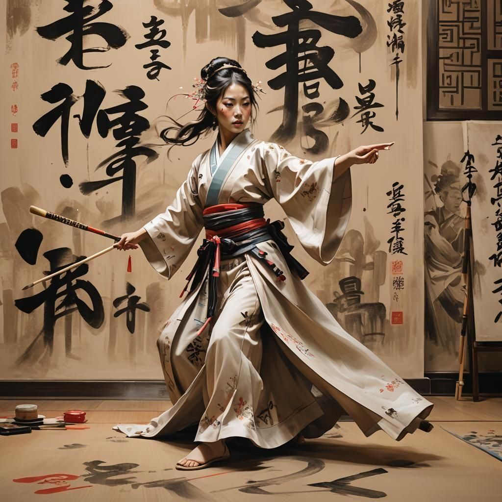 Japanese Princess Dances with Calligraphy Brush