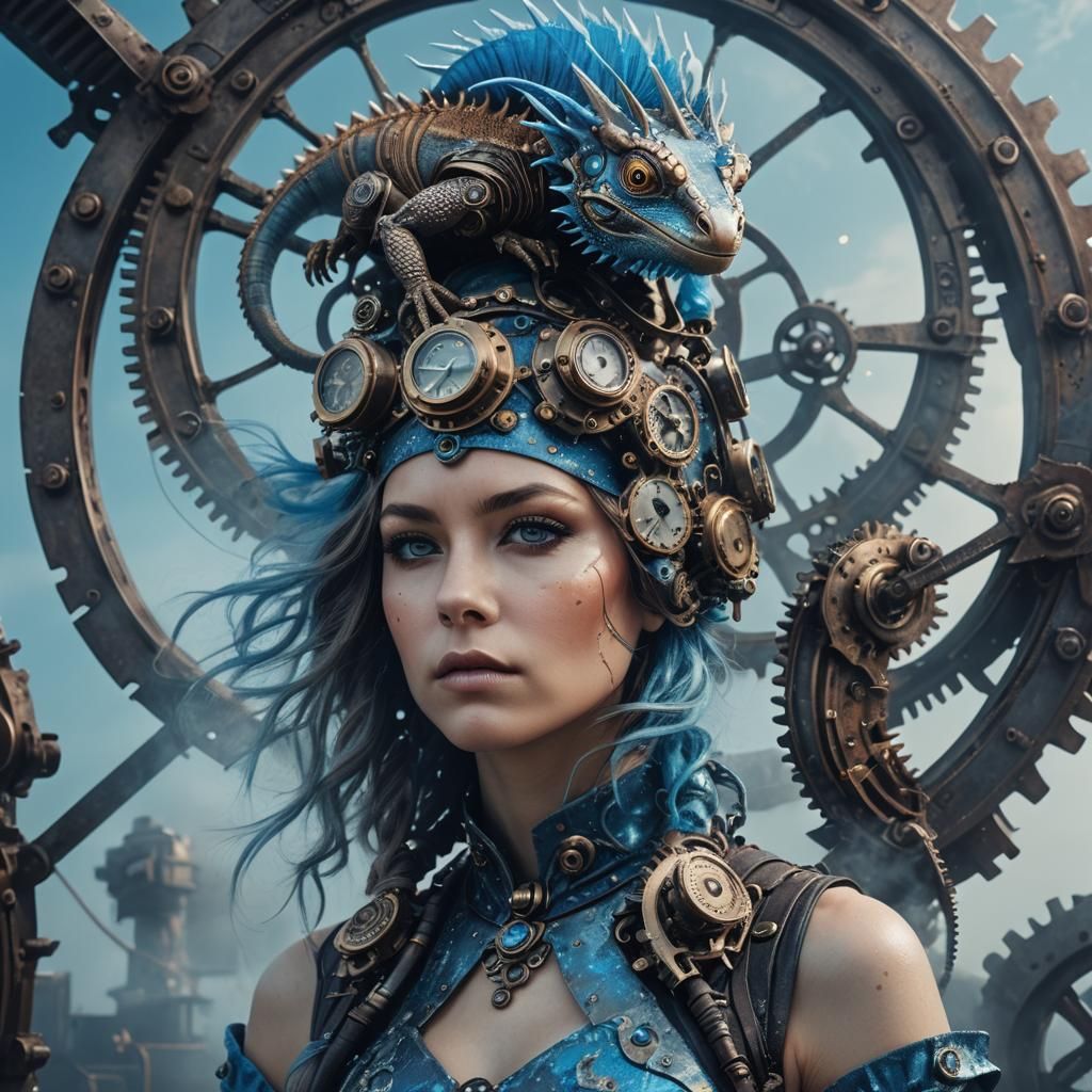 Steampunk Portrait with Industrial Headdress and Dragon