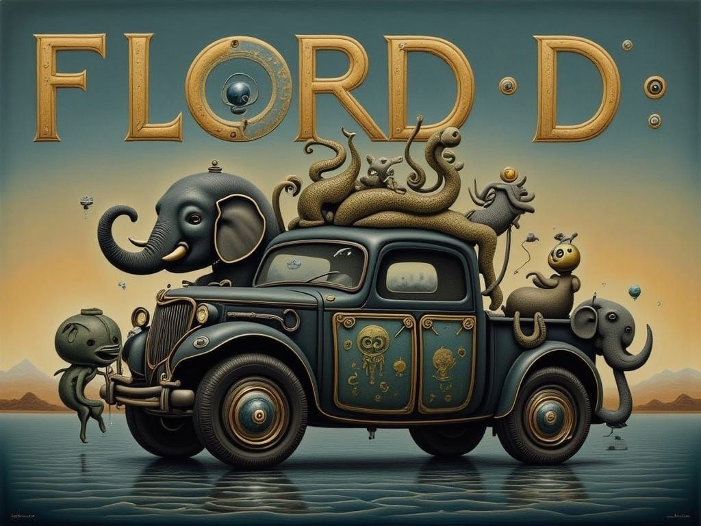 Surreal Vintage Truck with Elephant and Octopus