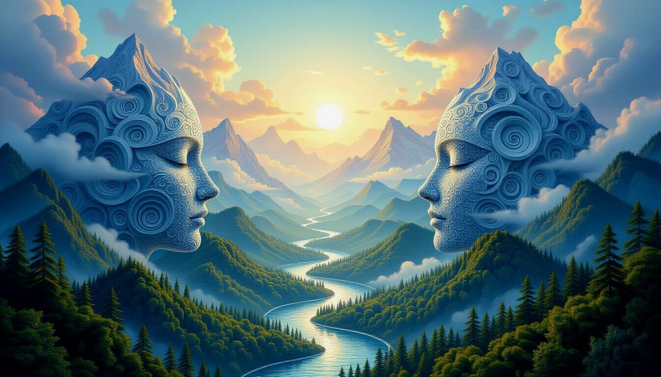 Surreal Illusion Landscape with Zentangle Faces and Hidden C...