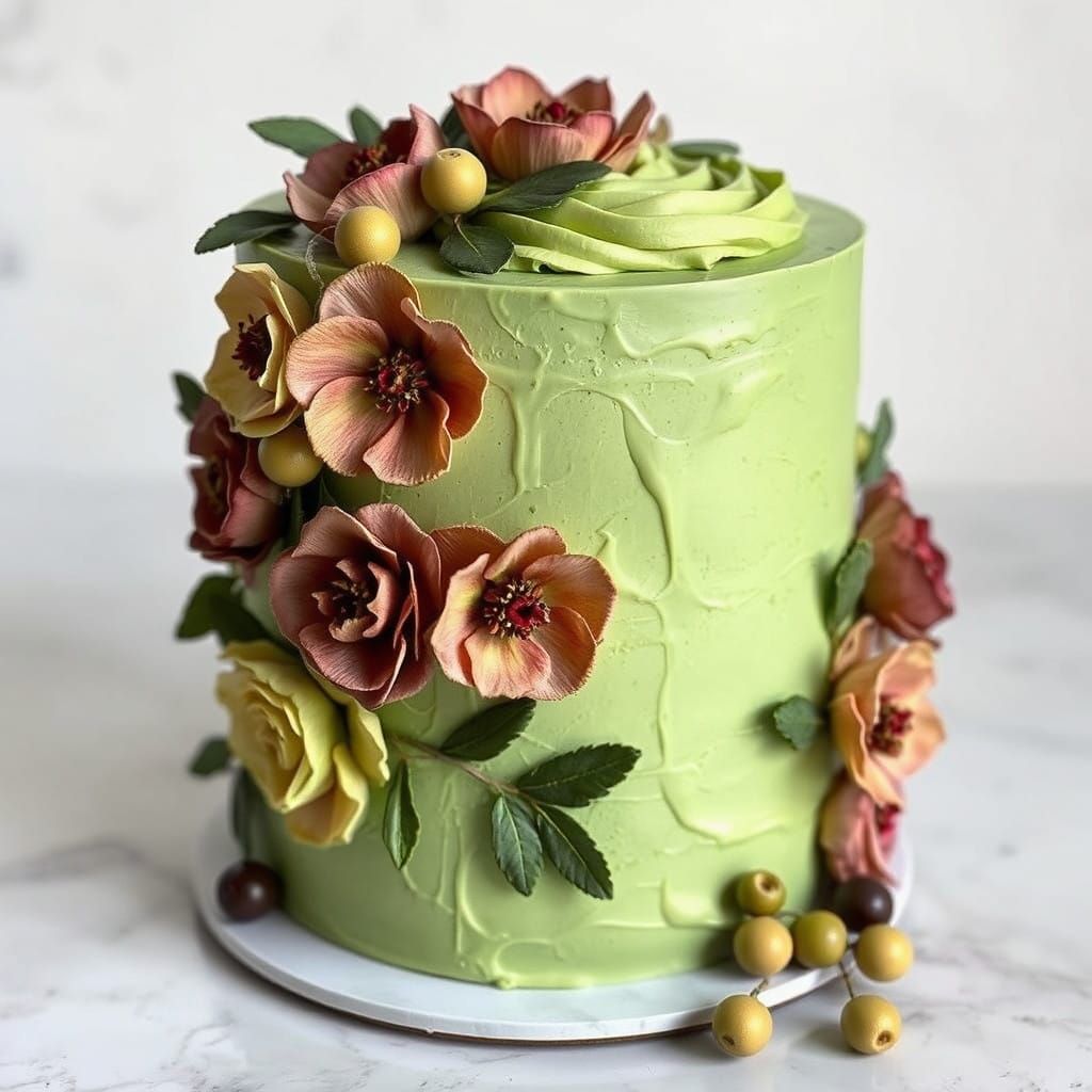 An apple green layered floral cake with army green olive cre...