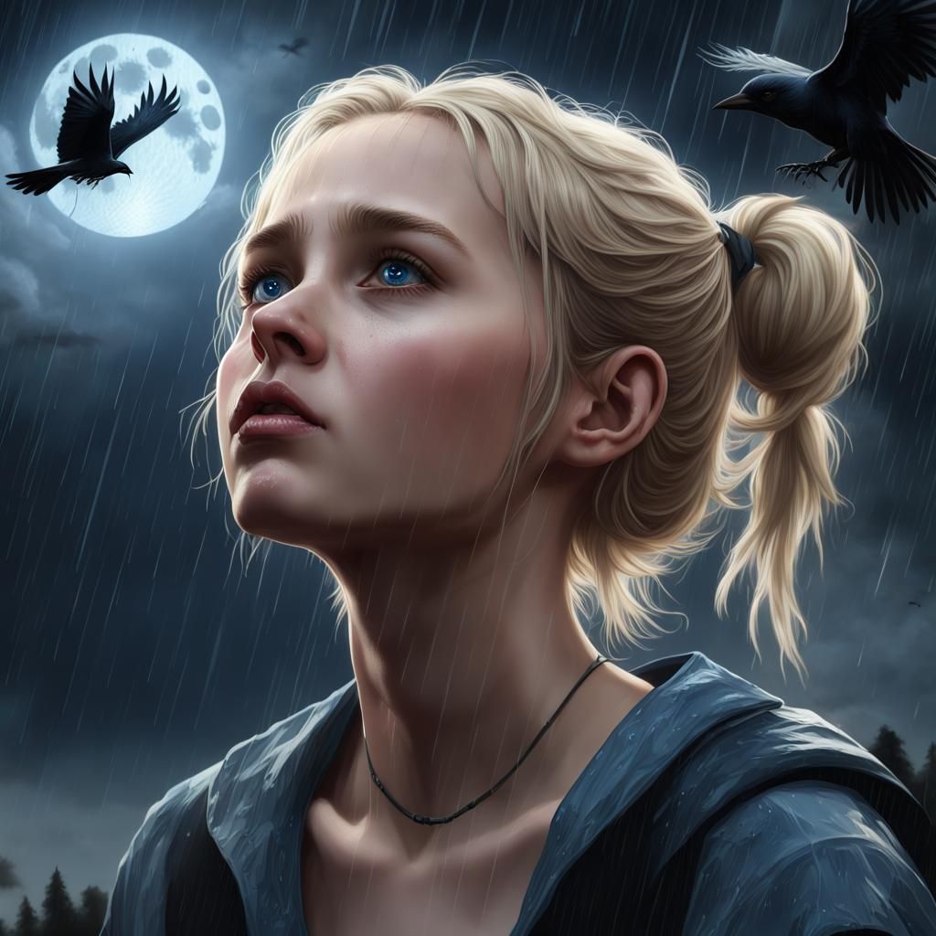 Woman Gazing at Stars in Midnight Rain, Dark Fantasy Art