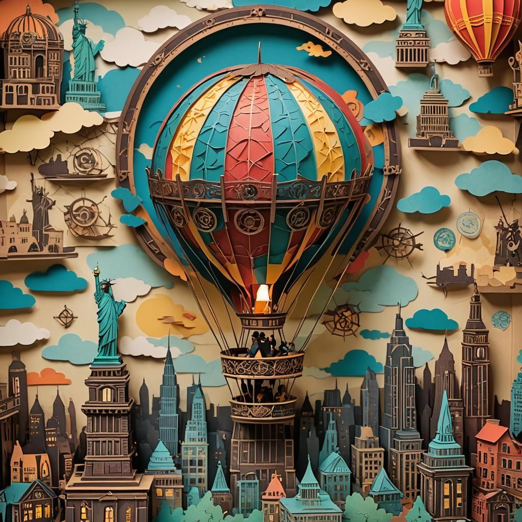 Steampunk Hot Air Balloon Diorama Over Liberty