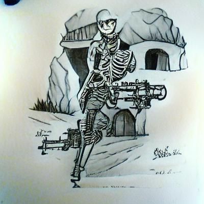 Skeleton Gunner Ink Drawing Illustration