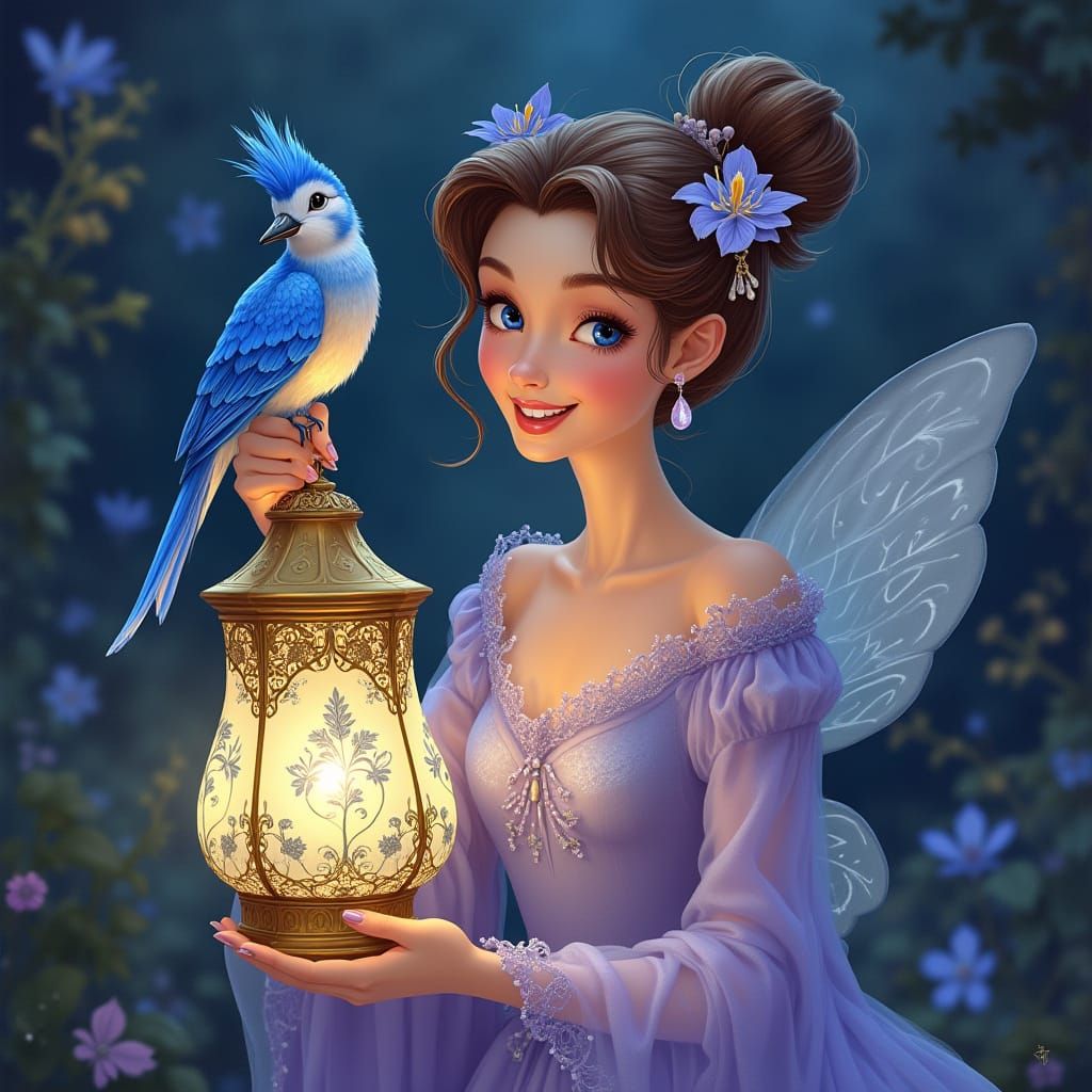 Smiling Enchantress with Lantern and Blue Bird