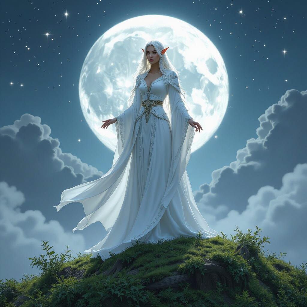 Giant Elf Woman on Moonlit Hill in Ethereal Mist