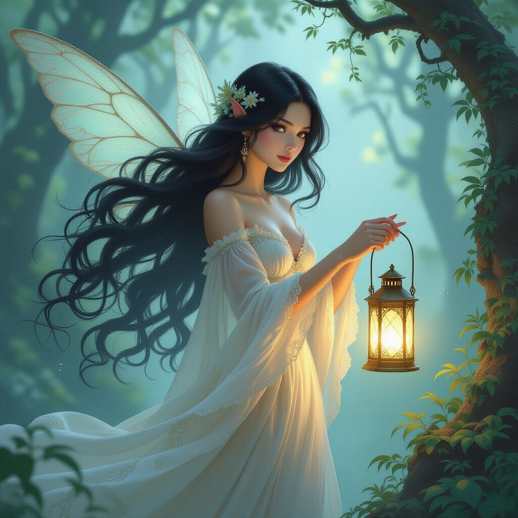 Ethereal Fairy in Misty Forest with Glowing Lantern