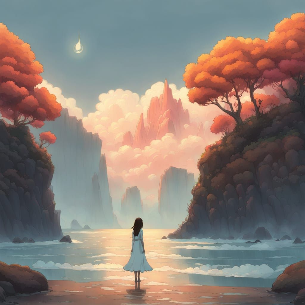 Young Woman Lost in Thought on a Serene Seaside Shore