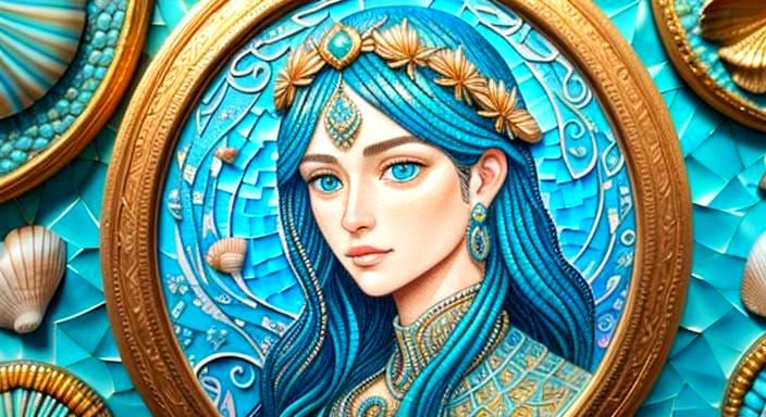 Seashell Mosaic Portrait in Gold, Blue, Aqua, Peach