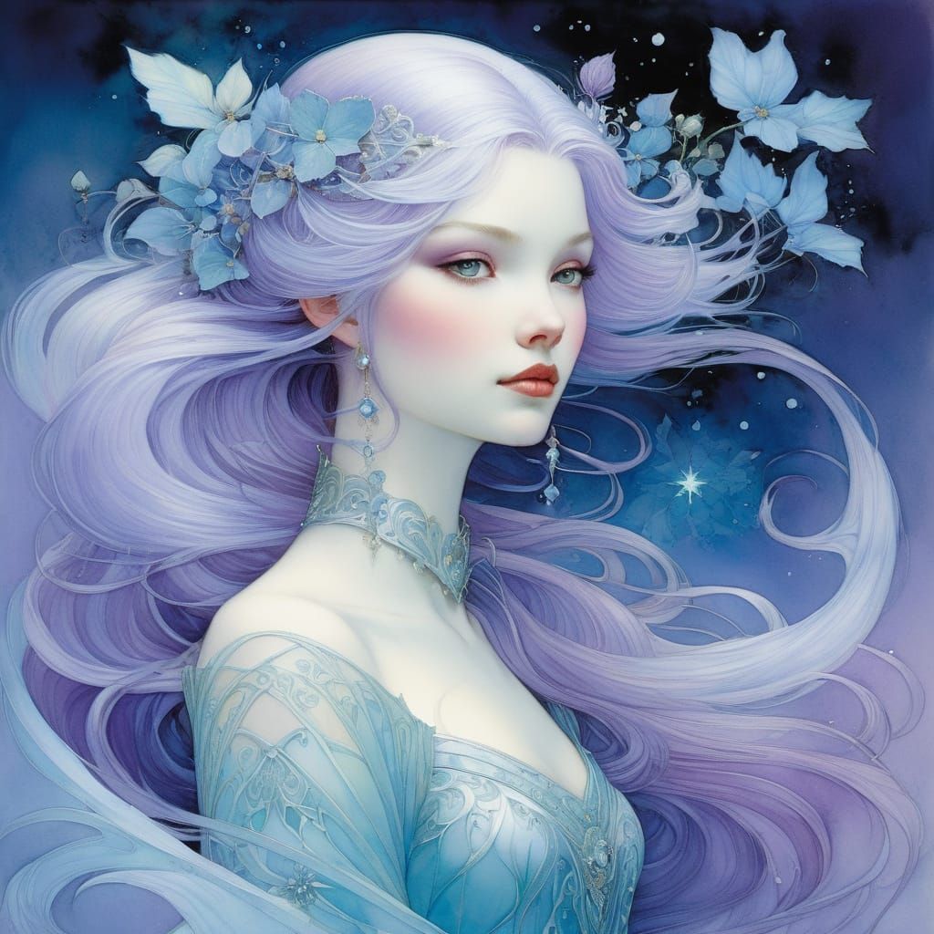 Lilac Haired Ice Princess in Watercolour Ink