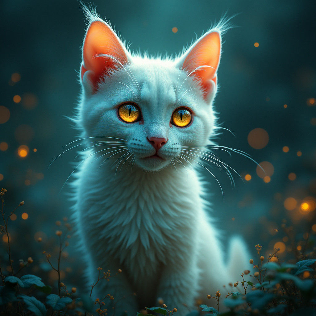 Ethereal Light Cat with Emerald Eyes in Digital Art