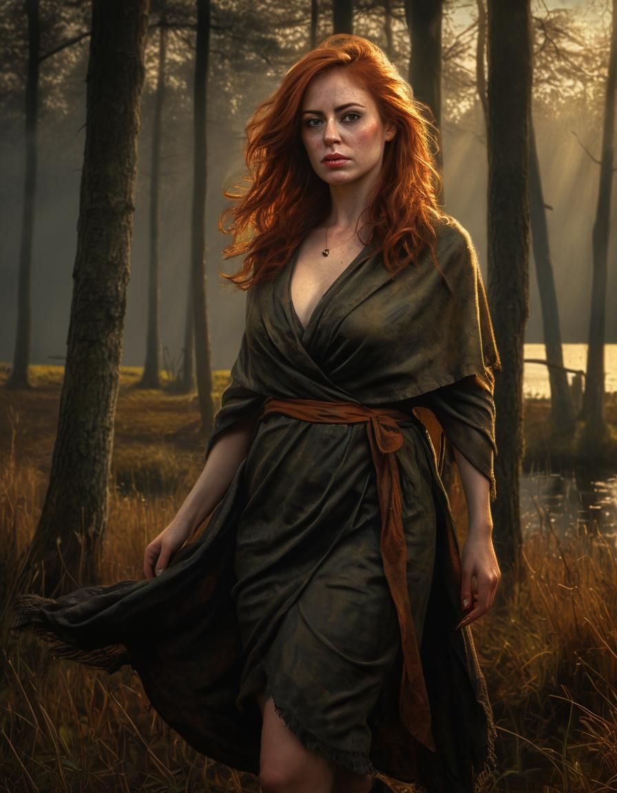 Chiaroscuro Portrait of Woman in Field with Dramatic Lightin...