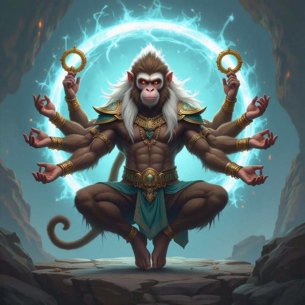 Mythic Monkey God in Lotus Pose, Fantasy Digital Art