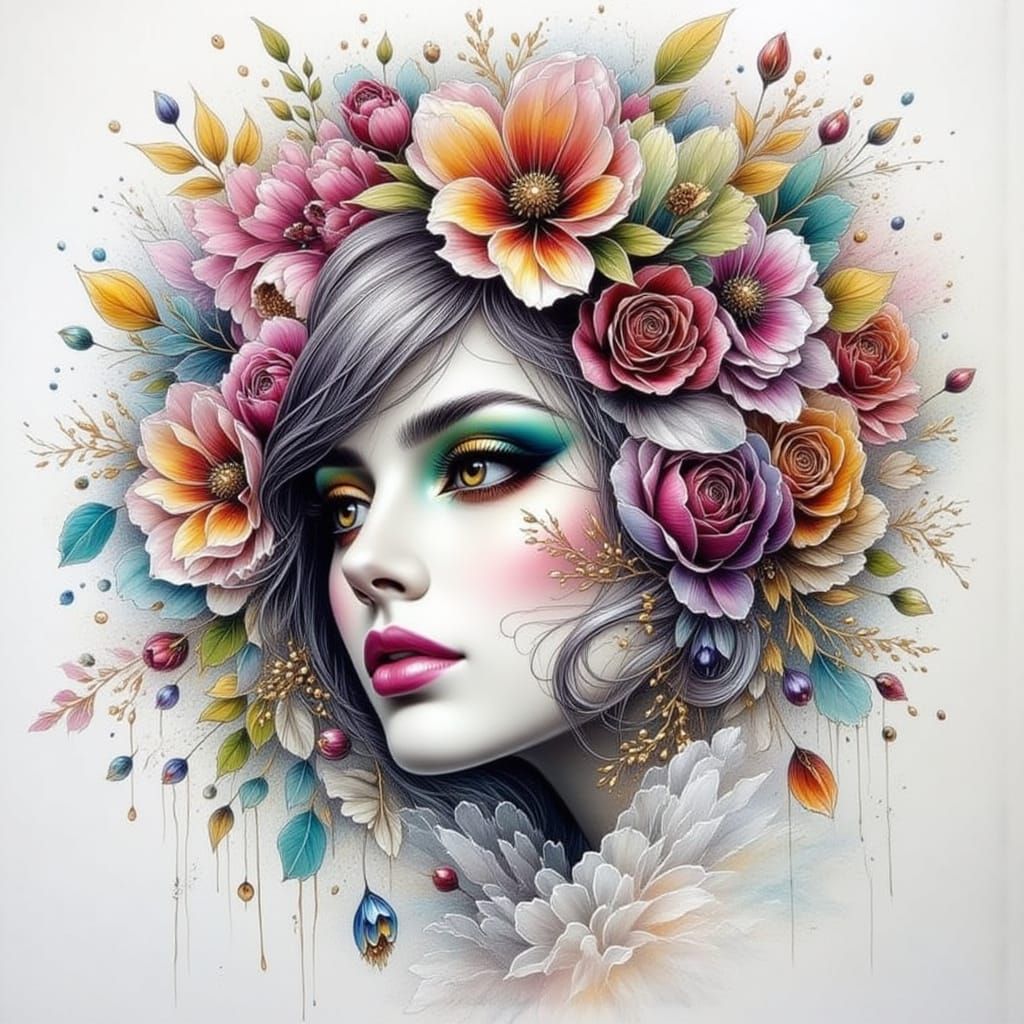 Gohua Style Drawing with Pointillism and Pastel Colors