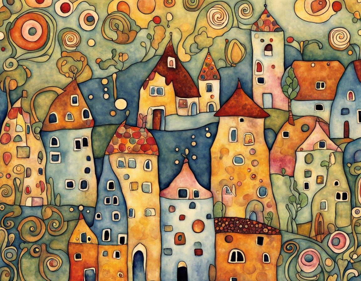 Folk Art Village with Lake in Art Nouveau Style