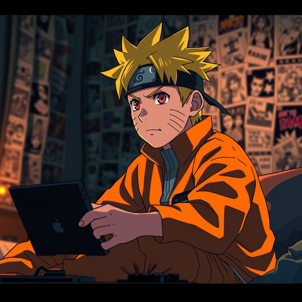 Naruto's Anxious Gaming Before Ninja Exam, in Anime Style