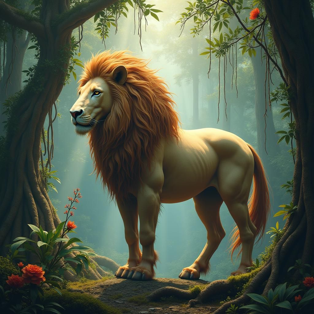 Majestic Lion-Horse Emerges from Jungle: Digital Matte Paint...