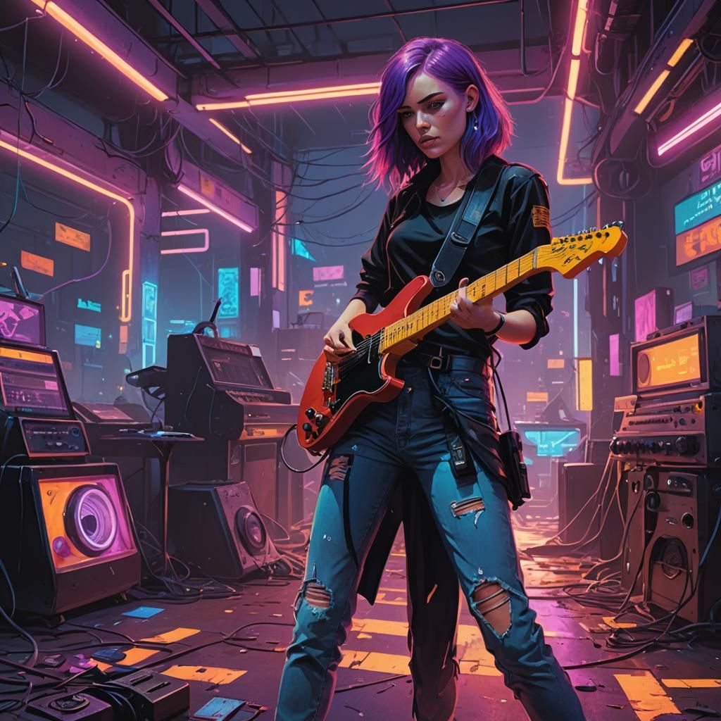 Violet-Haired Girl Playing Guitar in Synthwave Style