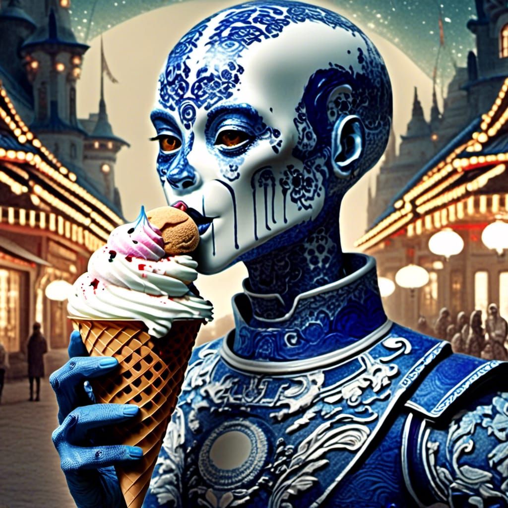 Android with Ice Cream in Futuristic Space Colony