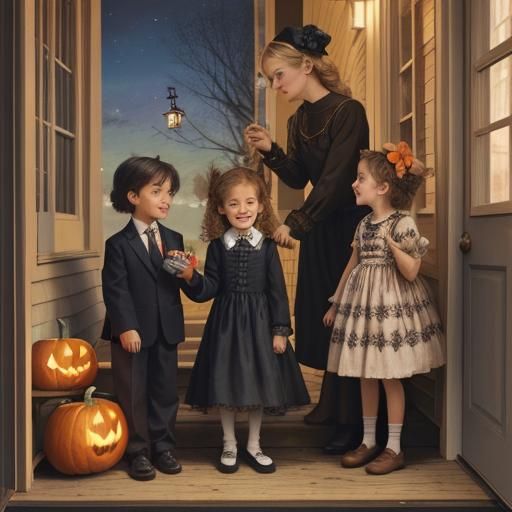 Whimsical Children Trick or Treating: Colored Pencil Art