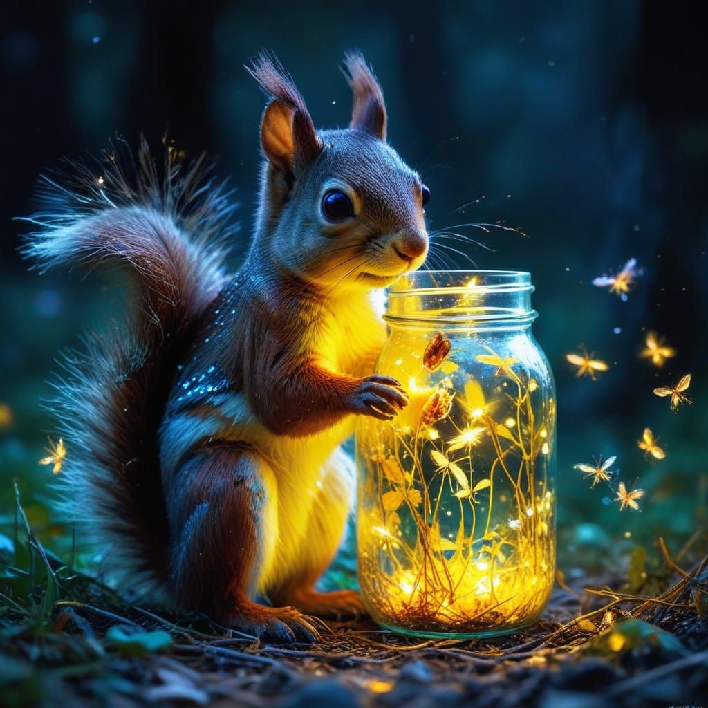 Surreal Squirrel Scene in Magical Autumn Night