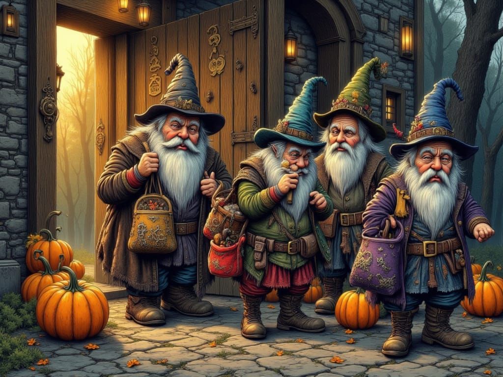 Dark Fantasy Halloween Gnomes at Tavern Door